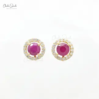 Round-cut ruby earrings in 14K solid yellow gold