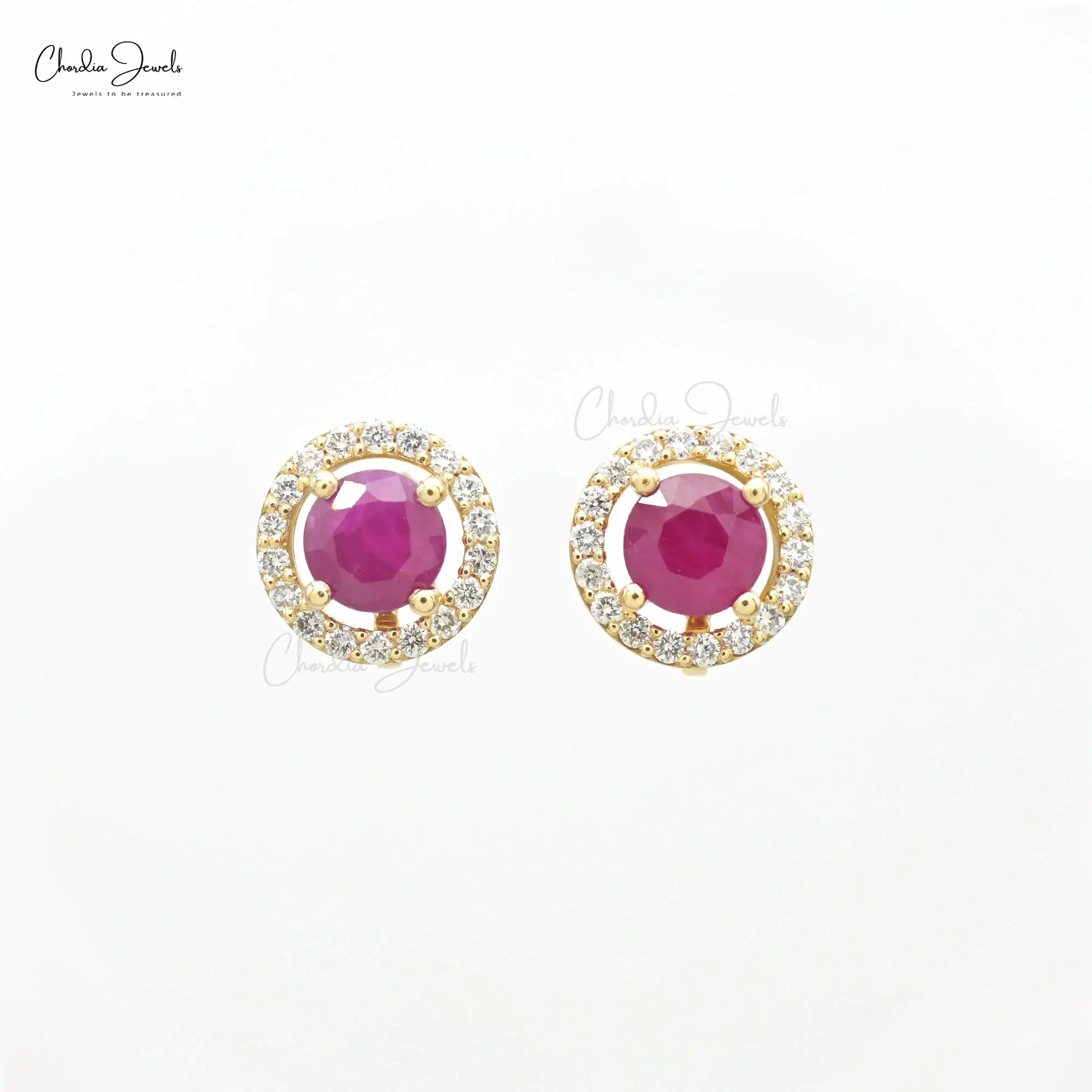 Round-cut ruby earrings in 14K solid yellow gold