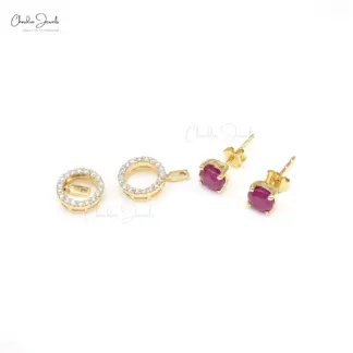 14K yellow gold round ruby detachable earrings