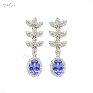7x5mm Oval Cut Tanzanite Halo Earrings in 14K Solid White Gold