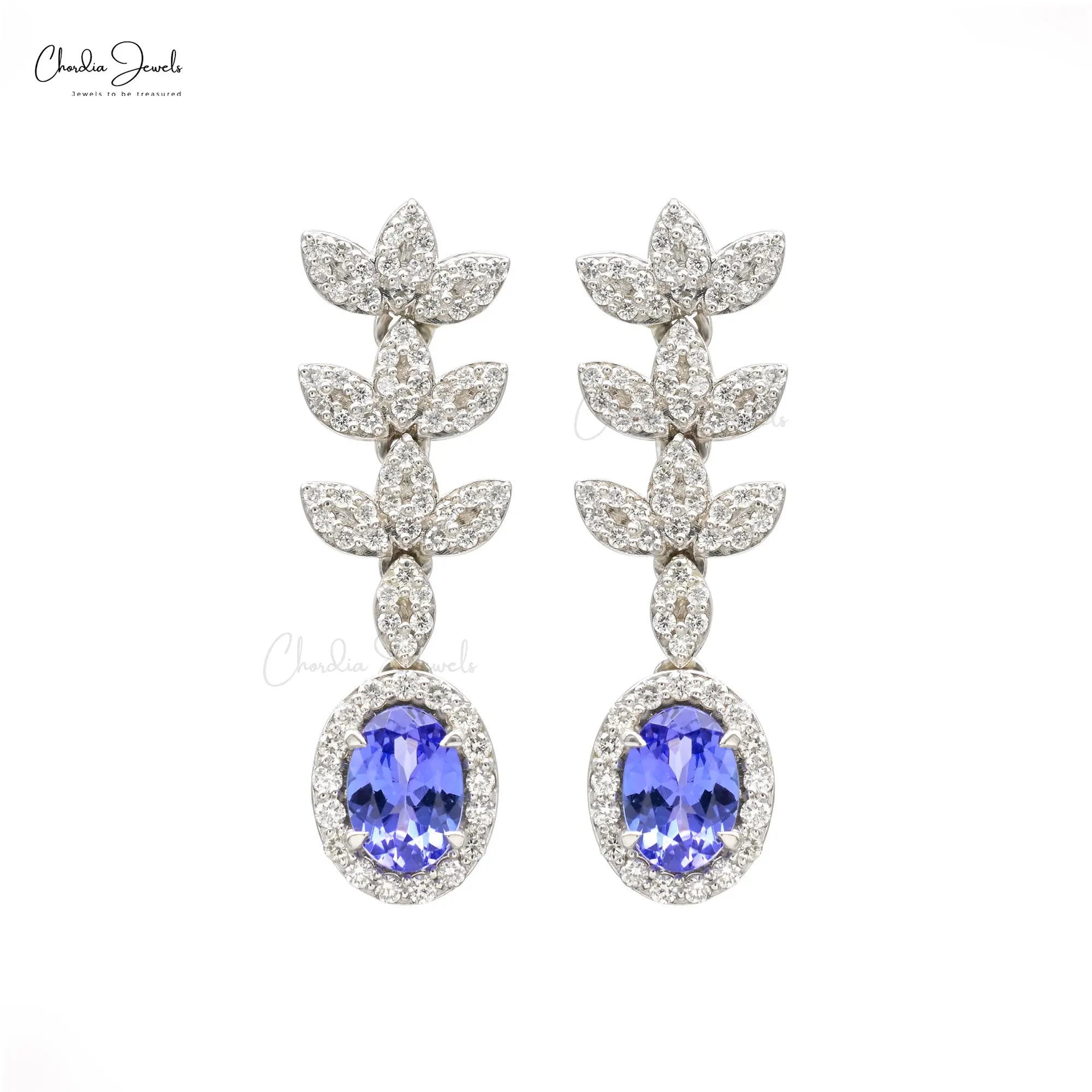 7x5mm Oval Cut Tanzanite Halo Earrings in 14K Solid White Gold