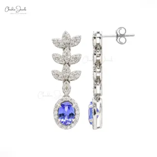 14K solid white gold tanzanite halo earrings