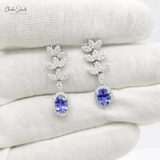 Tanzanite halo dangle earrings in 14K white gold