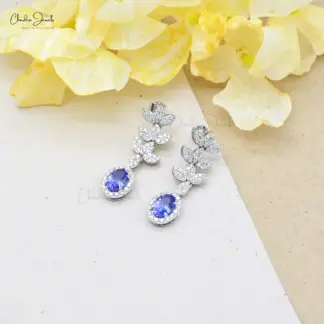 7x5mm oval cut tanzanite halo dangle earrings